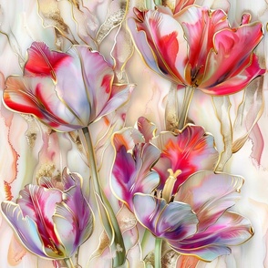 Soft Dreamy Gold Gilded Colorful Tulip Flowers in Pink White and Purple