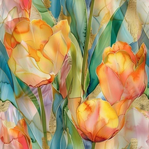 Sunny Yellow and Orange Colorful Watercolor Painted Tulip Flowers