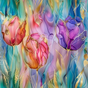 Colorful Watercolor Rainbow Tulip Flowers in Gold Pink Purple Green Teal and Blue