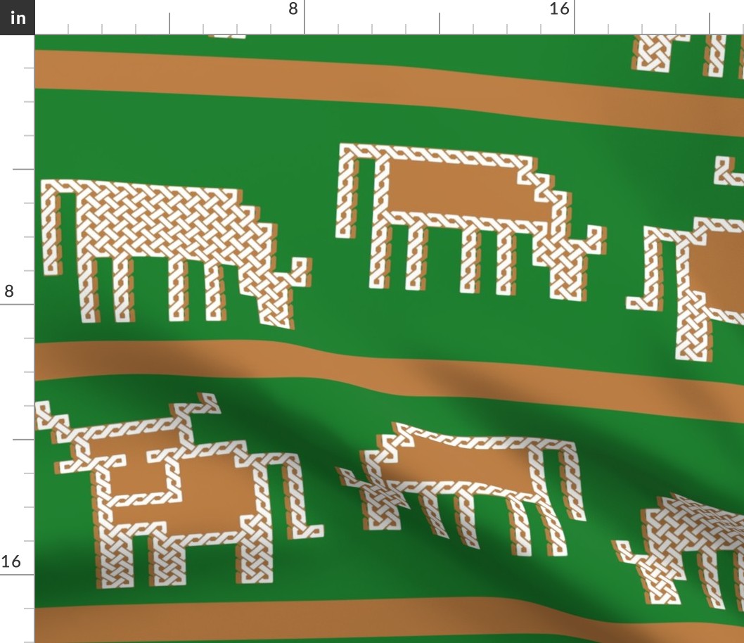 Celtic Knot Cow Herd Stripe in Brown Green and White