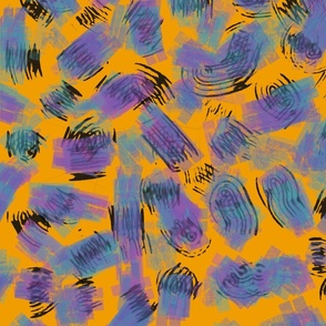 Celebration Burst: Abstract Brushstrokes in Purple and Green on Cheery Yellow