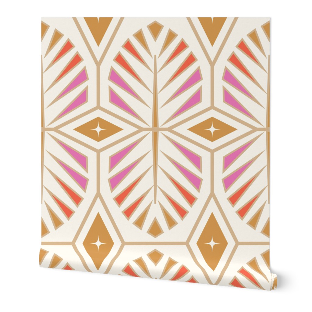 Tropical Deco Tile / Pool Party / Beach Coastal / Palm Tree Frond / Mustard Orchid Vermillion / Large