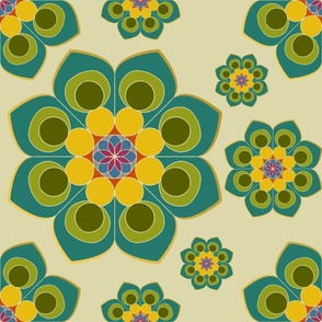 Spring Awakening_ XXL - Emerald Mandala Blooms on Yellow 