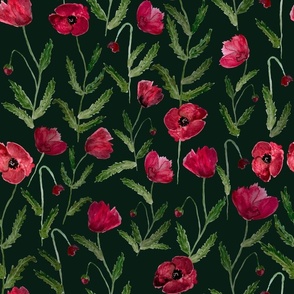Large Red Poppies Green / Dark / Watercolor