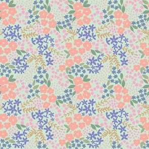 Boho Garden Party Ditzy Floral in daytime green with peach, pink, purple flowers