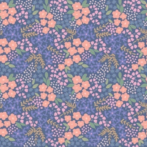Boho Garden Party Ditzy Floral on night sky navy blue with peach, pink + purple