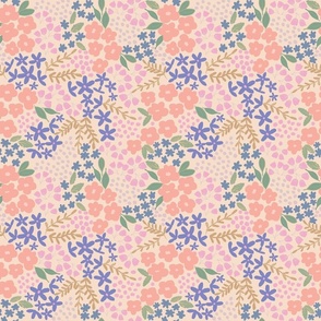 Boho Garden Party Ditzy Floral in Peach, Purple, Green, Pink with Caramel background