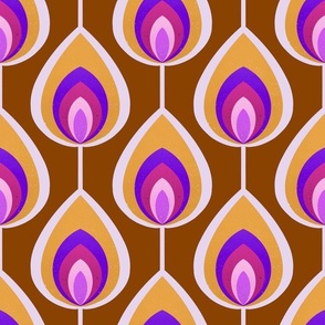 Retro mod geometric peacock feather / teardrop pattern - brown, magenta and purple