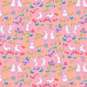 Bunny garden party in bubblegum pink. Small scale