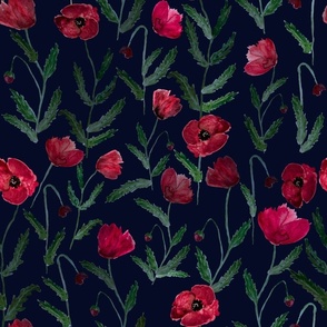 Large Cool Poppies on Navy Blue / Watercolor / Red Flowers