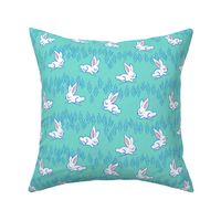 Bunny hop meadow in light turquoise. Large scale