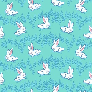 Bunny hop meadow in light turquoise. Large scale