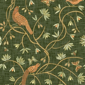 Birds on Vines III on linen in green and orange tan (l)