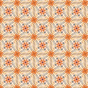 Vintage Floral in Orange and Light Pink | Hand Drawn Cottage Core Style | Orange Pink Mustard & Navy | Tile Pattern