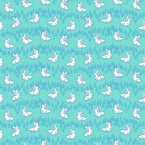 Bunny hop meadow in light turquoise. Small scale