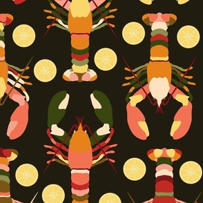 C011 - large scale Crustacean Crayfish retro vintage lemon slice two directional for kitsch eclectic exotic kitchen wallpaper_ coastal curtains_ tablecloth and tea towel-08