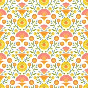 Funky Colorful and Textured Floral Design | Damask Flower | Yellow, Orange, Pink, Green, Blue | White/Cream Background | Small Scale