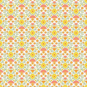 Funky Colorful and Textured Floral Design | Damask Flower | Yellow, Orange, Pink, Green, Blue | White/Cream Background | Mini Scale
