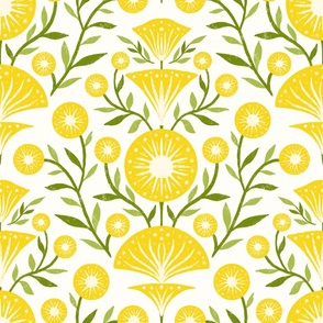 Funky Colorful and Textured Floral Design | Damask Flower | Yellow, Green | White/Cream Background | Large Scale
