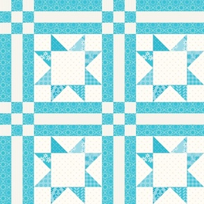 Aqua Sawtooth star and patchwork  Cheater Quilt