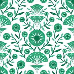 Funky Colorful and Textured Floral Design | Damask Flower | Green, Emerald | White/Cream Background | Large Scale

