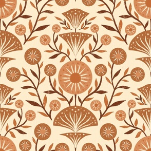 Funky Colorful and Textured Floral Design | Damask Flower | Brown, Chestnut, Acorn | White/Cream Background | Large Scale
