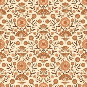Funky Colorful and Textured Floral Design | Damask Flower | Brown, Chestnut, Acorn | White/Cream Background | Small Scale
