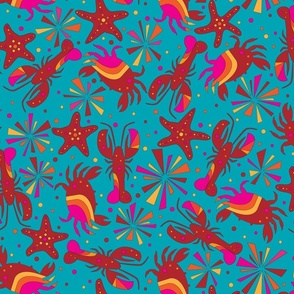 Crustean Lobster and Crab Retro 1960s Colors- Medium Print