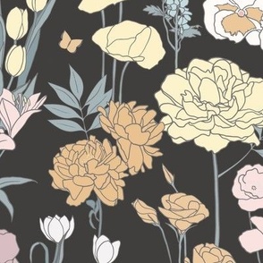 LARGE high summer jardin - muted charcoal black and retro pastel hues