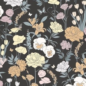 SMALL high summer jardin - muted charcoal black and retro pastel hues