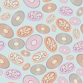 Cheerful Pastel Pizza and Retro Music Record Pattern Print - For Foodies and Music Lovers