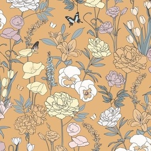 SMALL high summer jardin - golden honey mustard yellow and retro pastel hues