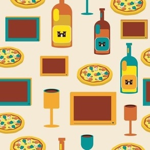 Colorful Vintage TV Dinner with Pizza and Wine Pattern - Bring a Pop of Nostalgia and Comfort to Your Home Decor
