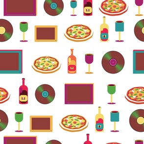 Cozy Night In With Pizza, Wine, TV, and Records Pattern - Perfect for Introverts