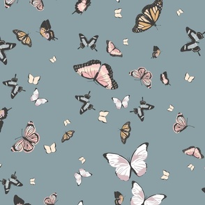 butterflies - faded teal blue green and pastel pink, blue, lilac and mustard yellow