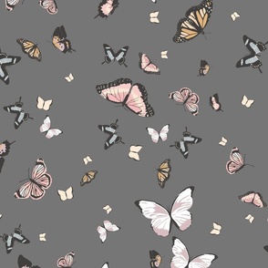 butterflies - faded charcoal gray and pastel pink, blue, lilac and mustard yellow