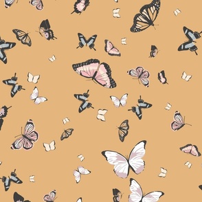 butterflies - golden honey mustard and pastel pink, blue, lilac and mustard yellow