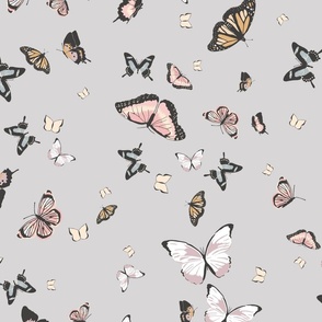 butterflies - misty silver gray and pastel pink, blue, lilac and mustard yellow