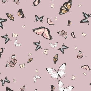 butterflies - misty mauve and pastel pink, blue, lilac and mustard yellow