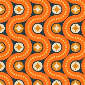 Dancing waves in happy bright colours - orange, yellow, navy - retro geometric pattern