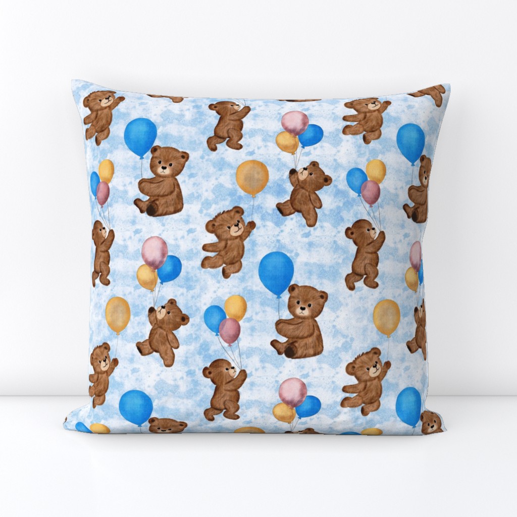 Big Teddy Bears' Playtime Balloon Party with Textured Blue Background