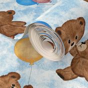 Big Teddy Bears' Playtime Balloon Party with Textured Blue Background