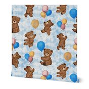 Big Teddy Bears' Playtime Balloon Party with Textured Blue Background