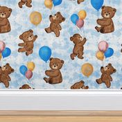 Big Teddy Bears' Playtime Balloon Party with Textured Blue Background