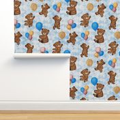 Big Teddy Bears' Playtime Balloon Party with Textured Blue Background