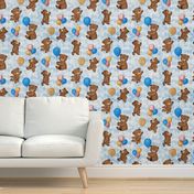 Big Teddy Bears' Playtime Balloon Party with Textured Blue Background