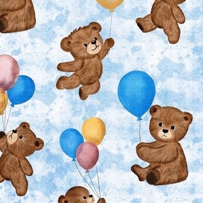 Big Teddy Bears' Playtime Balloon Party with Textured Blue Background