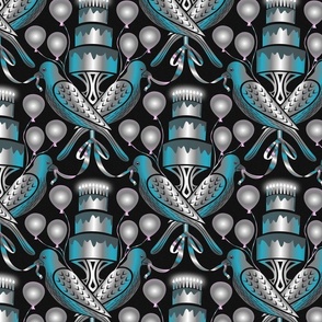 Party Wall - birds, cake and balloons - silver blue on black