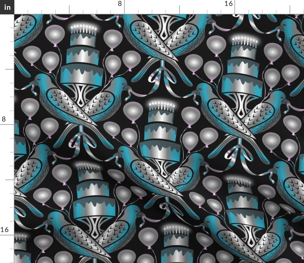 Party Wall - birds, cake and balloons - silver blue on black