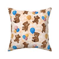 Big Teddy Bears' Playtime Balloon Party with Textured Peach Fuzz Background